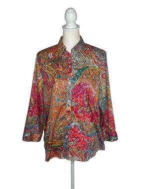 Lauren Ralph Lauren EUC Multi Paisley 3/4 sleeve Button Down Sz L Modern Preppy